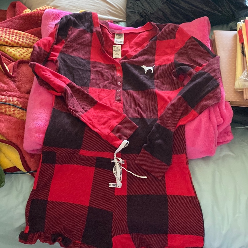 Brand new With Tags Pink plaid sleep jumper/lounge shorts romper  size Large